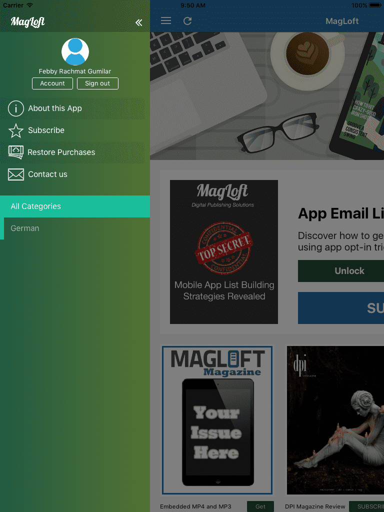 MagLoft iOS App Side Menu Open