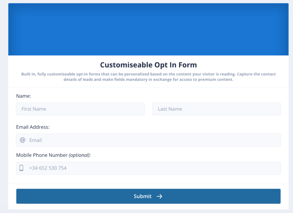 Example of Lead Capture Forms (Opt-in form) in MagLoft’s Universal App